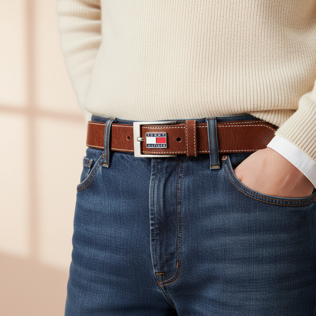 Model wearing Tommy Hilfiger Belt - Close-up