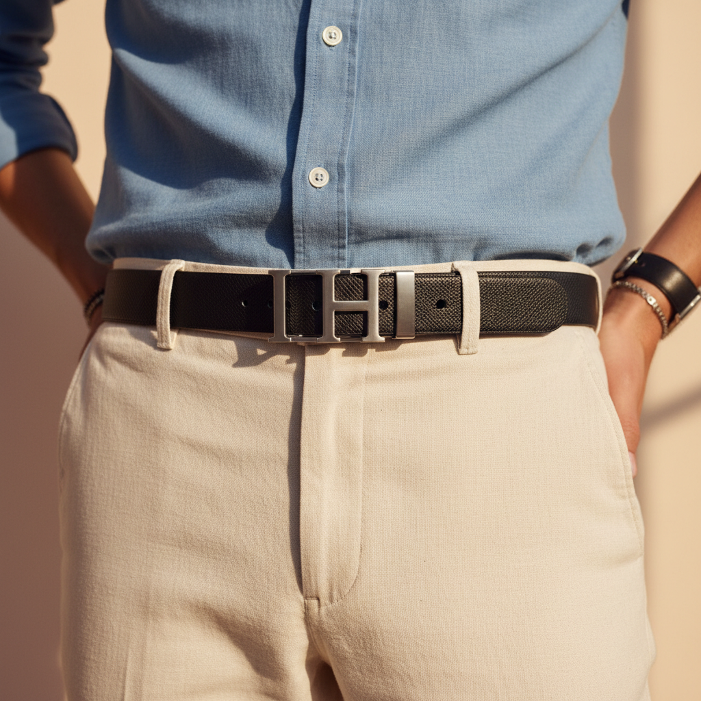 Model wearing Tommy Hilfiger Black Belt - Close-up