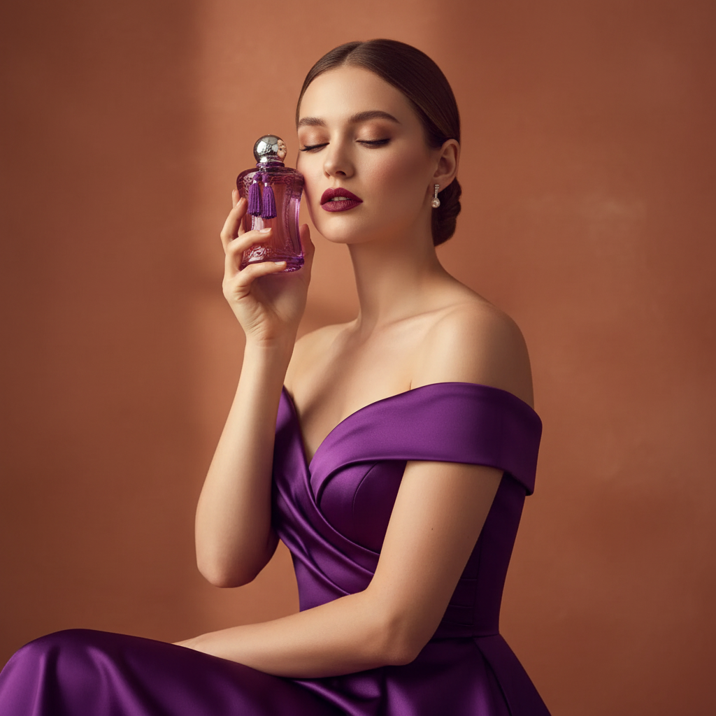 Purple perfume pose 1 - bottle near face