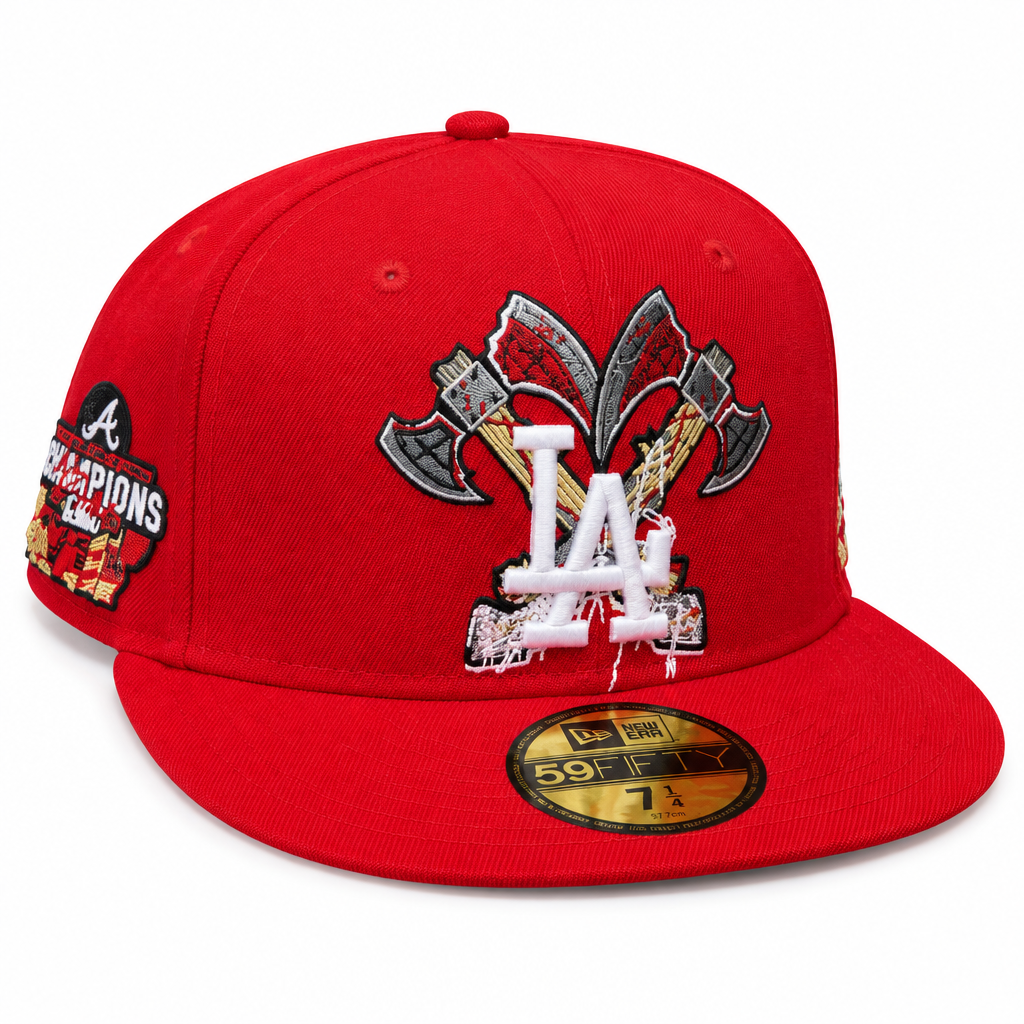 Red cap brim tilted white background