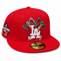 Red cap brim tilted white background