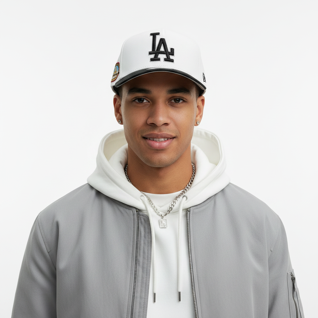 White Black Cap on Model – Front