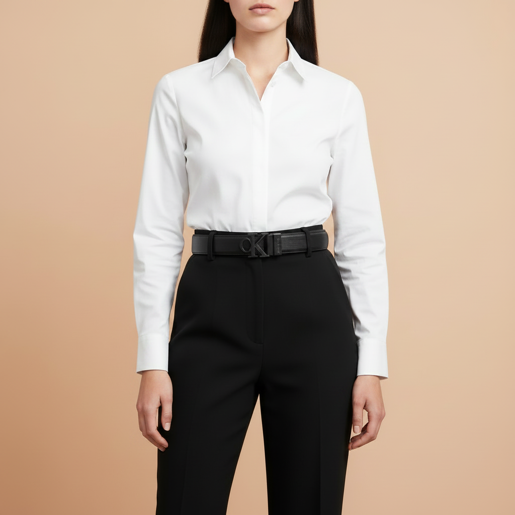 White female model CK belt